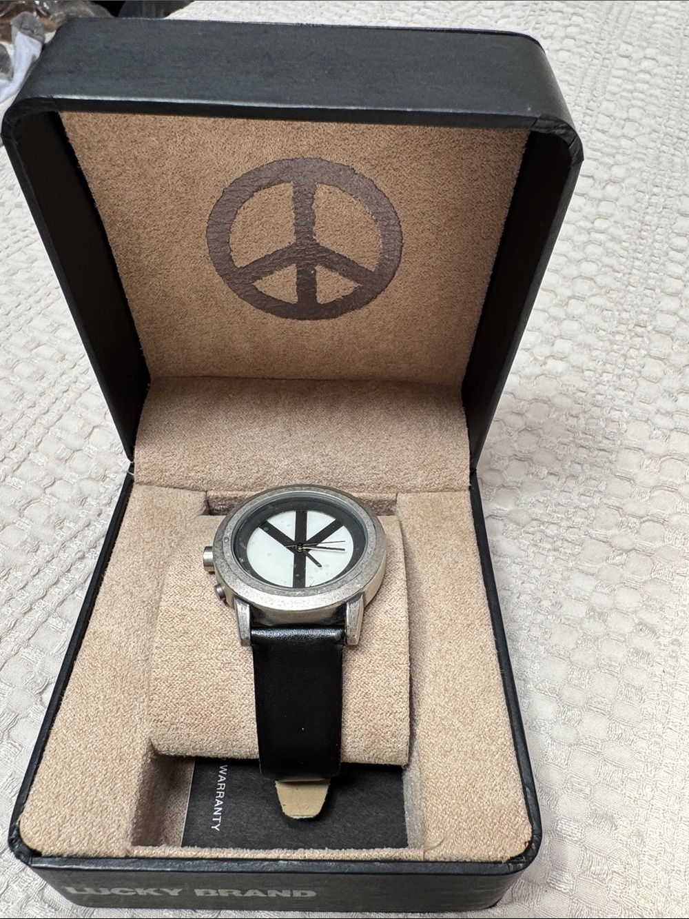 Unisex Black Lucky Brand Leather Watch with White Peace-Sign Dial